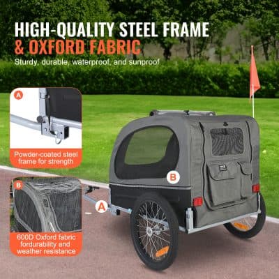 High-quality steel bike trailer with Oxford fabric for durability, waterproof, and sunproof protection, perfect for pet transport and outdoor activities.