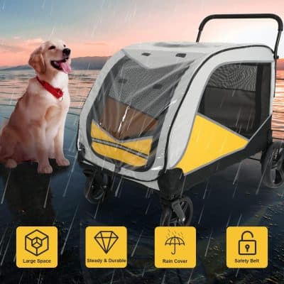 High-quality pet stroller with rain cover, large space, and safety belt, designed for comfortable outdoor travel with pets in all weather conditions. Perfect for dog owners seeking durable, reliable pet transport.