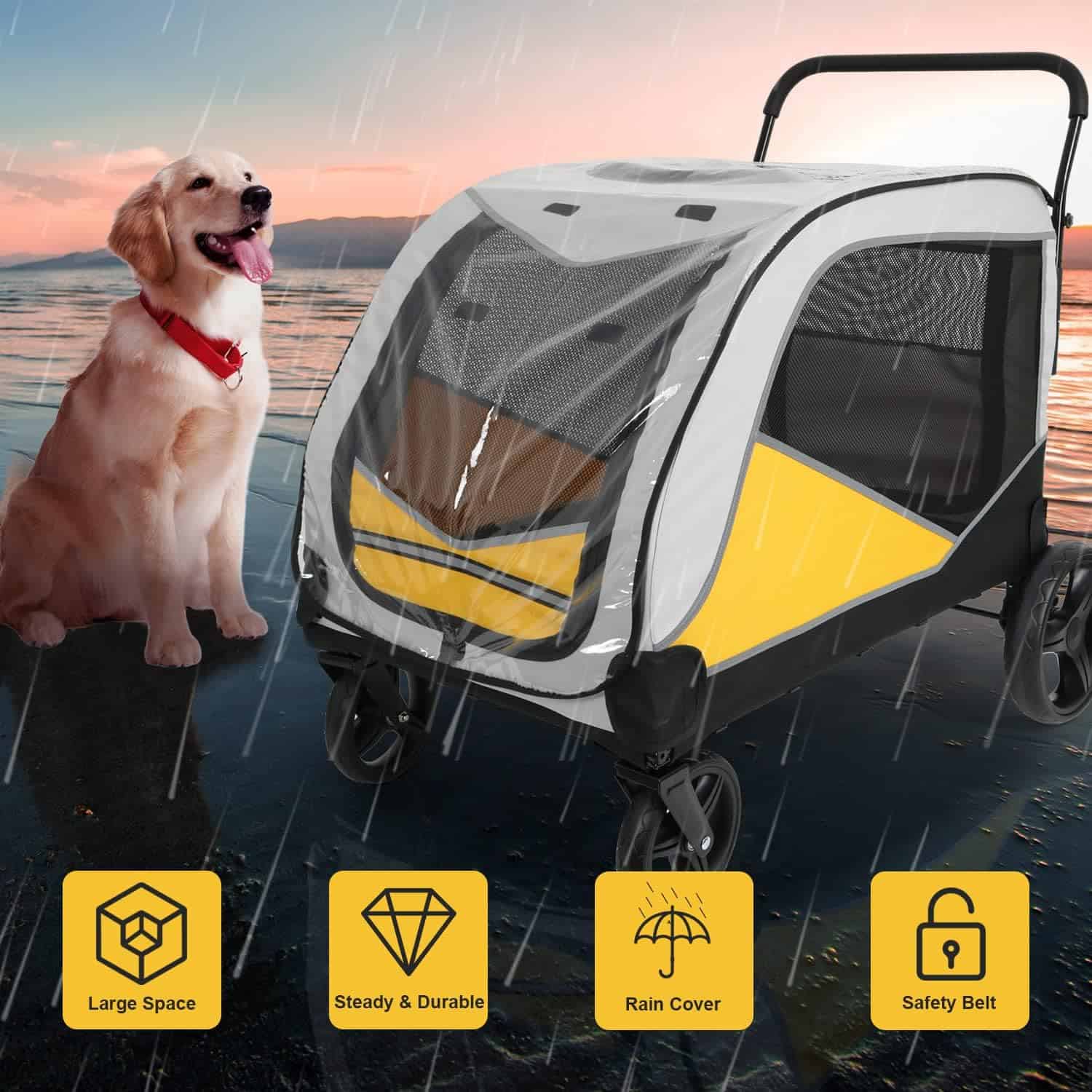 High-quality pet stroller with rain cover, large space, and safety belt, designed for comfortable outdoor travel with pets in all weather conditions. Perfect for dog owners seeking durable, reliable pet transport.