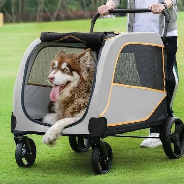 Dog in a pet stroller at Monalisa Store, portable pet carrier for small dogs, outdoor pet mobility, dog travel gear, lightweight pet stroller for active pet owners.