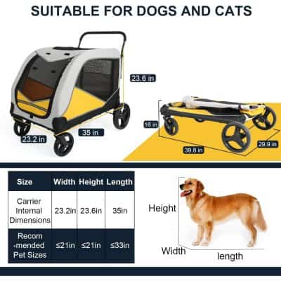 Foldable pet stroller suitable for dogs and cats, featuring a lightweight design, ventilation mesh, and compact dimensions for easy travel and comfort.