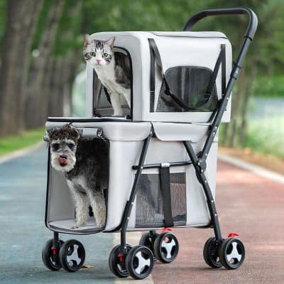 Comfortable pet stroller for cats and small dogs with mesh sides and secure enclosure for outdoor walks and travel purposes.