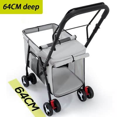 Lightweight, portable shopping cart with 64cm deep storage basket and sturdy wheels, ideal for grocery shopping and everyday use. Comfortable handle and spacious design enhance convenience.
