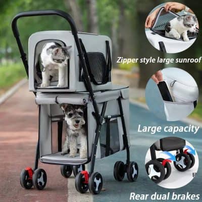 Portable pet stroller with large sunroof, zipper design, spacious interior, and rear dual brakes for safe pet travel. Ideal for cats and small dogs, perfect for outdoor walks and travel.