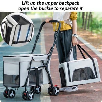 Foldable pet stroller with storage basket for travel and outdoor activities, lightweight and portable, ideal for small pets and travel comfort.