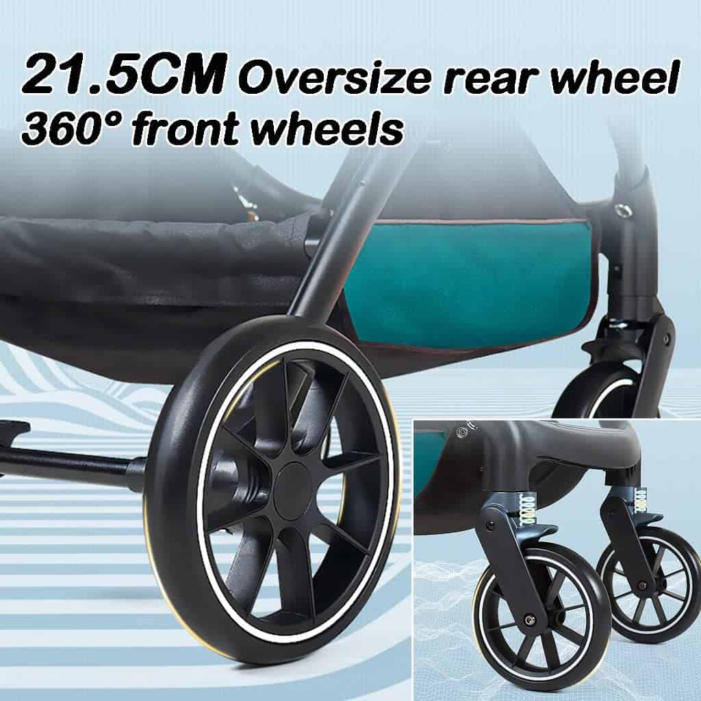 21.5CM oversized rear wheel with 360° front wheels for optimal mobility, durable design, and ergonomic comfort in the Monalisa medical stroller for children.