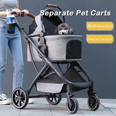 Comfortable pet stroller with separate pet cart, multi-function design, deeper cockpit for small dogs and cats, lightweight and foldable, ideal for walking and travel.