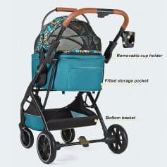 Bright blue stroller with removable cup holder, fitted storage pocket, and bottom basket, ideal for baby care and travel convenience.