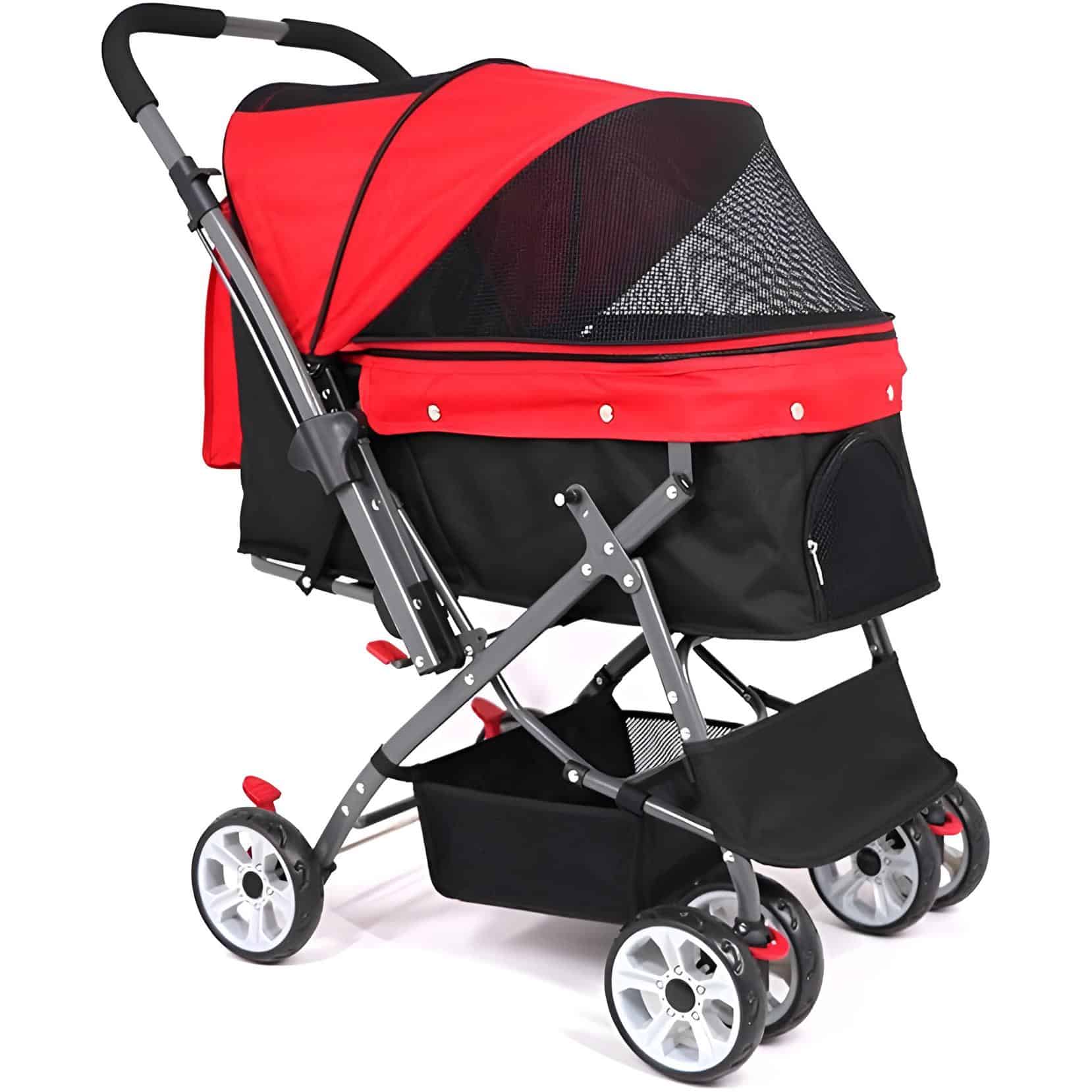 Lightweight red and black baby stroller with canopy, mesh window for ventilation, adjustable seats, and storage basket, ideal for travel and daily use.