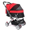 Red and black baby stroller with canopy for infants and toddlers, lightweight frame, adjustable handlebar, four wheels, and storage basket. Ideal for family outings and daily walks.
