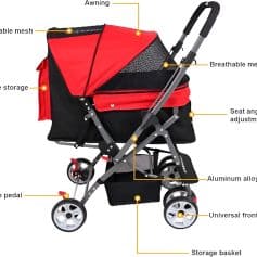 High-quality red baby stroller with breathable mesh, adjustable seat angle, double storage, aluminum alloy frame, universal front wheel, and breathable canopy for comfortable infant travel.