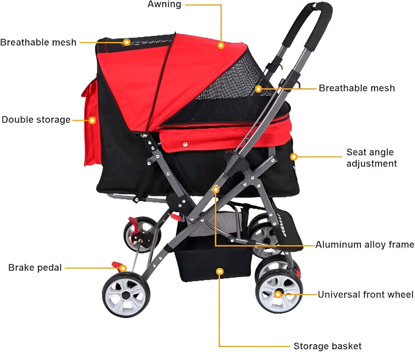 High-quality red baby stroller with breathable mesh, adjustable seat angle, double storage, aluminum alloy frame, universal front wheel, and breathable canopy for comfortable infant travel.