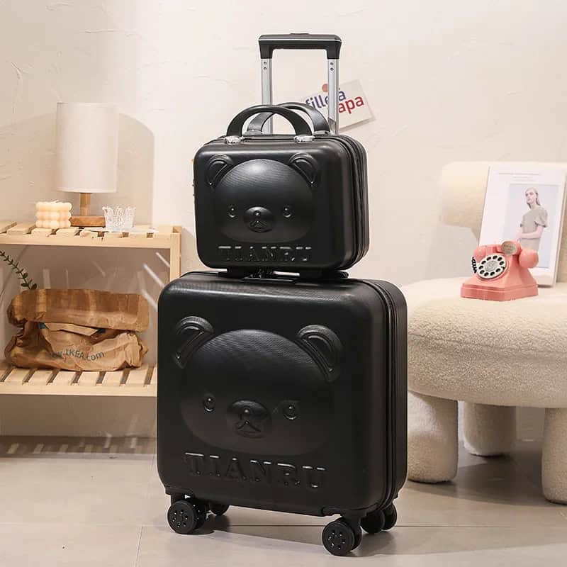Monalisa store travel luggage set with cute bear face design, perfect for stylish eyewear and optical accessories storage. Durable, lightweight and ideal for travel or daily use.