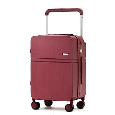Red travel carry-on suitcase with four spinner wheels, telescopic handle, and side zip pocket for travel accessories. Perfect for business or leisure trips.