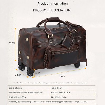 Durable brown leather travel duffel bag with wheels and multiple compartments for laptops, clothing, and accessories for men and women.