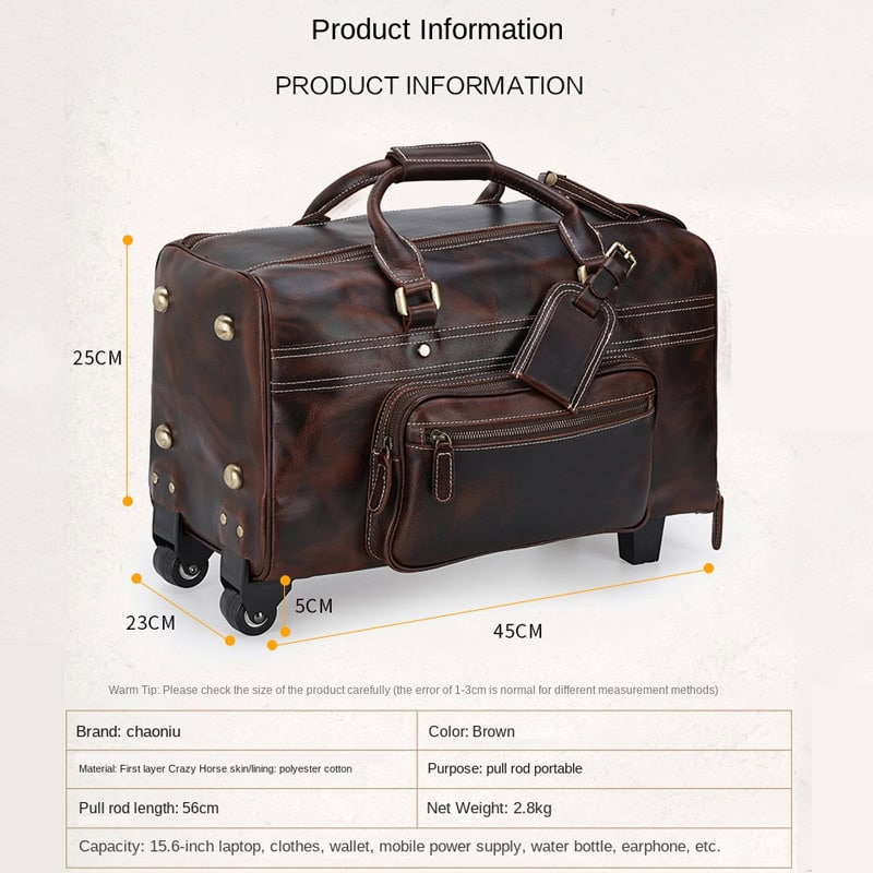Durable brown leather travel duffel bag with wheels and multiple compartments for laptops, clothing, and accessories for men and women.