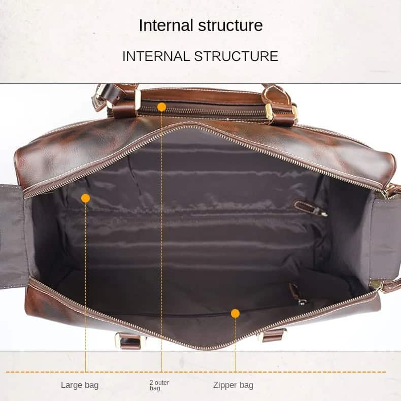 Versatile professional leather bag with multiple compartments and secure zippers, ideal for business and travel. Sturdy internal structure with large storage capacity for laptops and essentials.