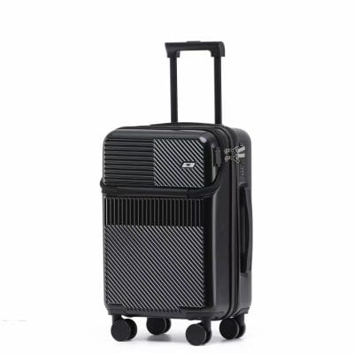 Stylish black rolling suitcase with textured pattern, ideal for travel and luggage storage. Perfect for passengers seeking durable and trendy carry-on or checked baggage options.