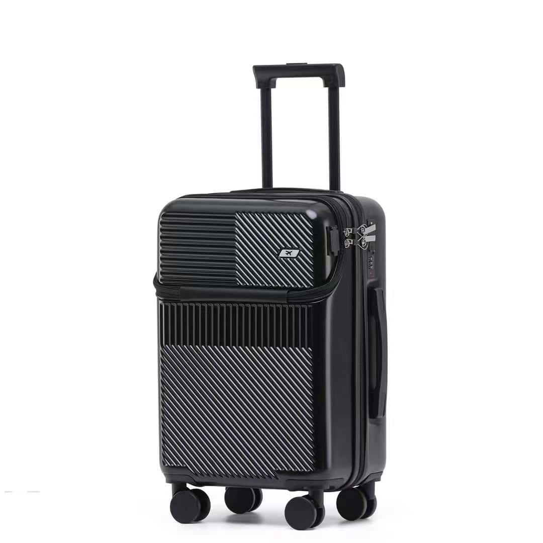 Stylish black rolling suitcase with textured pattern, ideal for travel and luggage storage. Perfect for passengers seeking durable and trendy carry-on or checked baggage options.