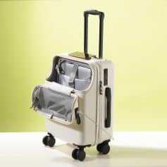Carry-on luggage with built-in compartments, ideal for travel and convenience, featuring durable wheels and secure zippers. Perfect for storing essentials during trips.