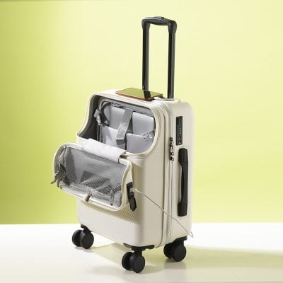 Carry-on luggage with built-in compartments, ideal for travel and convenience, featuring durable wheels and secure zippers. Perfect for storing essentials during trips.
