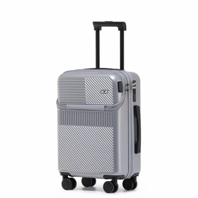 Light gray hard-shell travel suitcase with four wheels and extendable handle, designed for stylish and durable luggage travel needs.