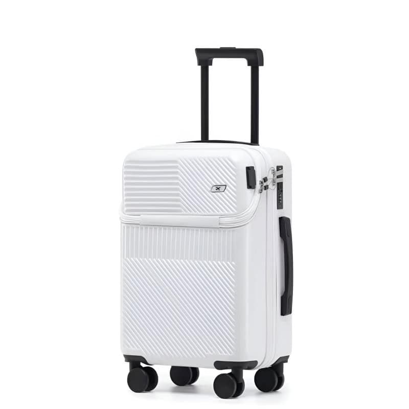 Carry-on white suitcase with black handle and wheels, ideal for travel and airport baggage.