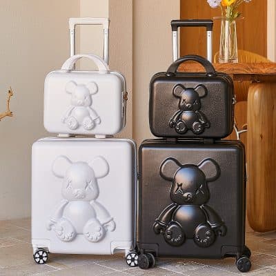 Monalisa bear luggage set, black and white carry-on suitcases with teddy bear embossed design, perfect for travel and stylish comfort for kids and adults.