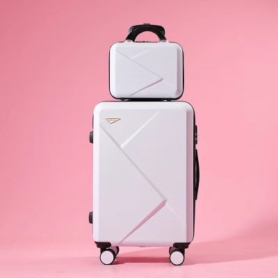 White travel luggage set with carry-on and check-in suitcases on pink background, ideal for travel accessories from Monalisa Store.