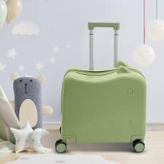 Colorful children's suitcase with foldable handle, set against playful nursery decor background. Perfect for kids' travel and sleepover essentials, combining fun design with practicality.