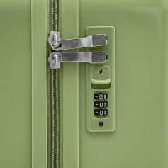 Secure green luggage with combination lock and tamper-proof zippers for safe travel.