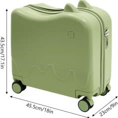 Green hard-shell carry-on luggage with four wheels and a built-in combination lock, ideal for travel, measuring 45.5cm x 43.5cm x 23cm, featuring a sleek and durable design.