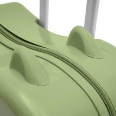 Light green hard-shell luggage with shark fin motifs, featuring a zipper closure and silver handles, ideal for travel and suitable for storing eyewear and optical accessories.