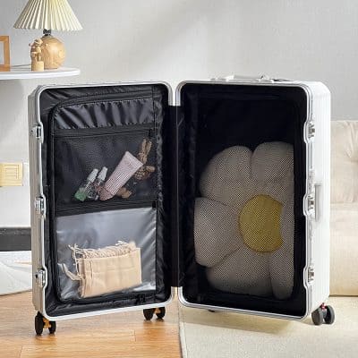 Portable hard shell travel luggage with organizer compartments for easy packing and organization. Ideal for trips, with spacious interior and durable design. Perfect for efficient packing and travel convenience.