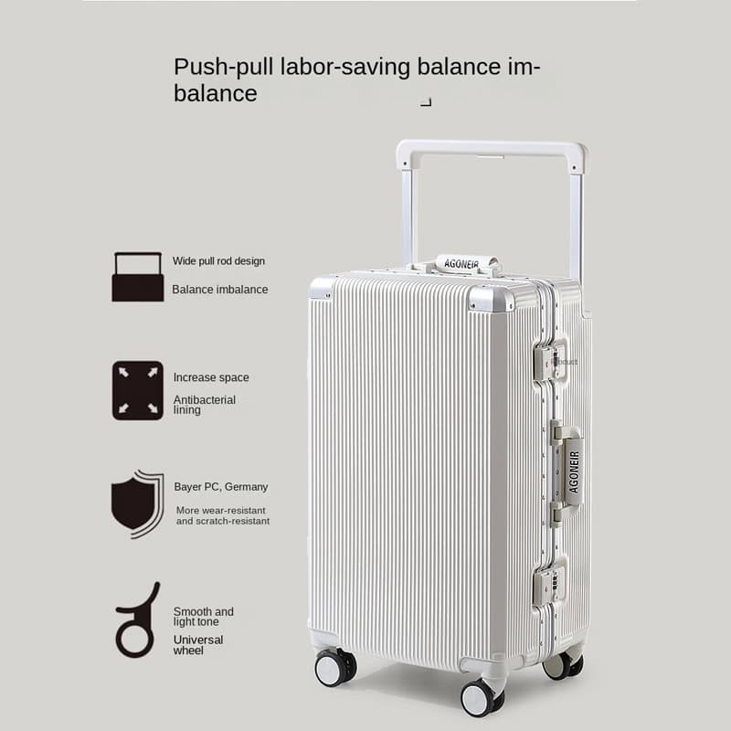 Push-pull labor-saving balance air travel suitcase with wide rod design, antibacterial lining, and durable German Bayer PC for reliable, lightweight, and ergonomic travel convenience.
