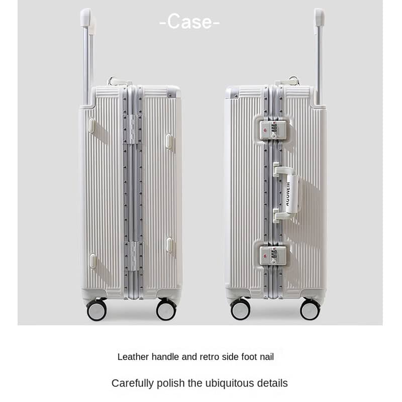 Aluminum white suitcase with anti-theft locks, handle, and four wheels, ideal for travel and medical equipment transport.