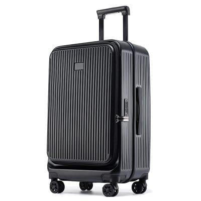 Black hard-shell travel suitcase with four spinner wheels and expandable handle, ideal for business and leisure trips. Durable design perfect for storing essentials securely.