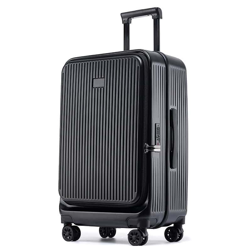 Black hard-shell travel suitcase with four spinner wheels and expandable handle, ideal for business and leisure trips. Durable design perfect for storing essentials securely.