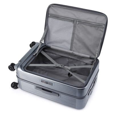 Light gray hard-shell suitcase with interior packing straps and mesh compartments, ideal for travel and cosmetic storage from Monalisa Store.