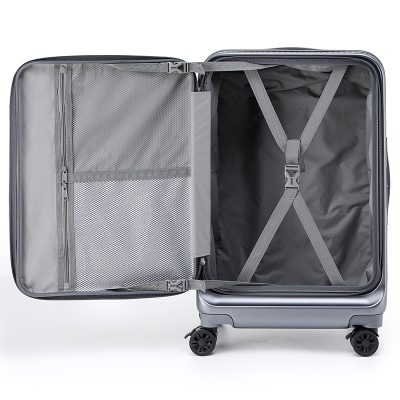 Spacious gray hard-shell luggage with interior compartments and adjustable straps, ideal for travel and storing delicate eyewear or optical accessories for optimal protection and organization.