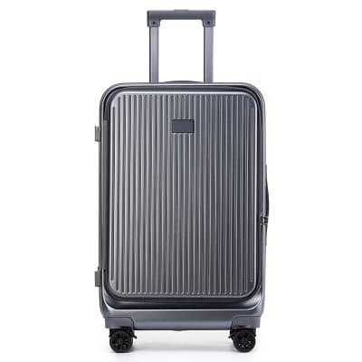 Aluminum carry-on luggage with four spinner wheels, telescopic handle, durable design, perfect for travel.