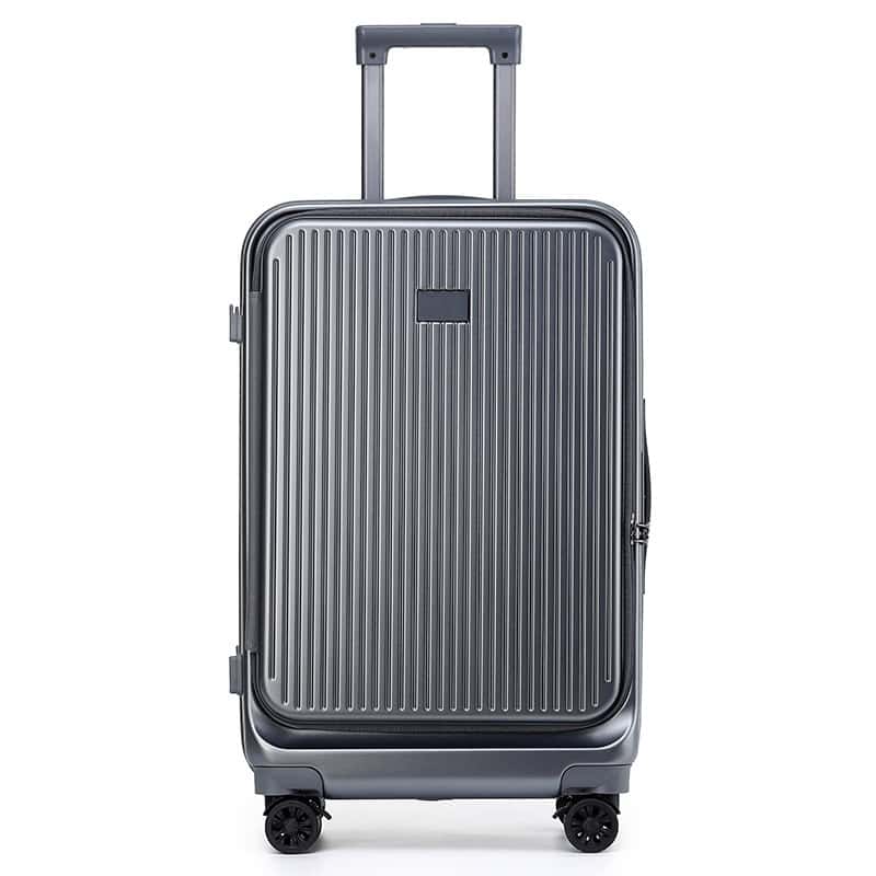 Aluminum carry-on luggage with four spinner wheels, telescopic handle, durable design, perfect for travel.