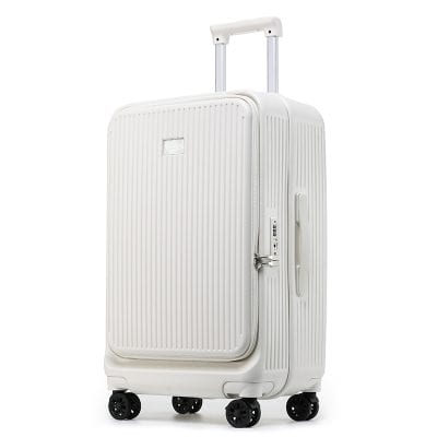White travel suitcase with four wheels and lock for luggage storage and travel accessories.