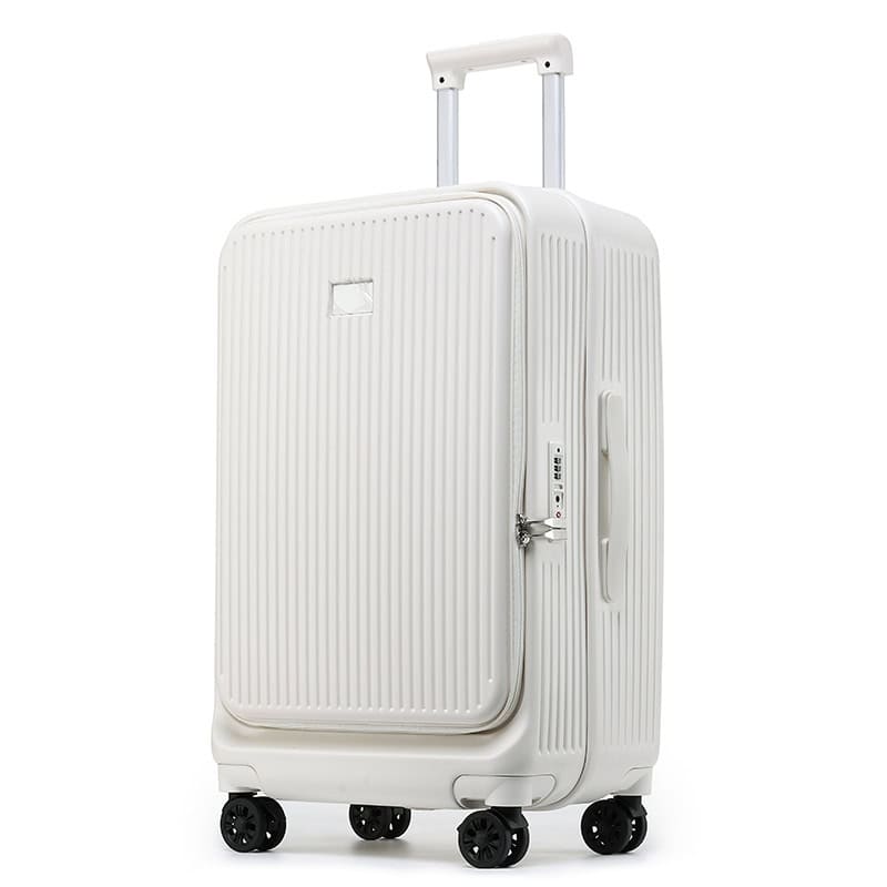 White travel suitcase with four wheels and lock for luggage storage and travel accessories.