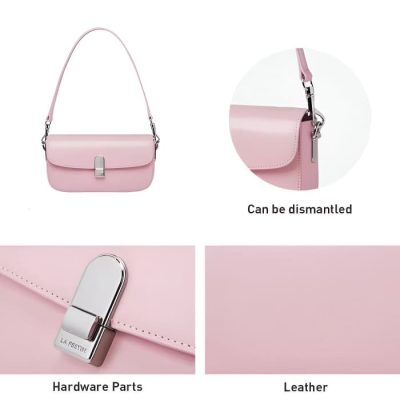 Pink leather handbag with detachable strap and metal hardware, stylish and functional women's fashion accessory.