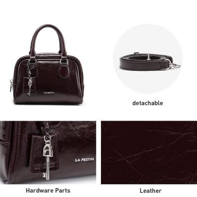 Elegant black leather handbag with detachable strap, hardware parts, and luxurious finish, ideal for fashion-forward women seeking high-quality accessories from Monalisa Store.