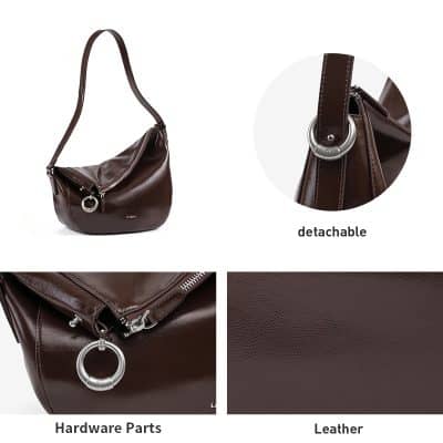 Brown Leather Shoulder Bag - Detachable Strap, Silver Hardware, High-Quality Leather, Stylish and Functional for Women.