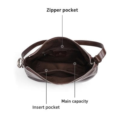 Luxurious brown leather shoulder bag with zipper pocket, main compartment, and insert pocket, perfect for stylish storage and organization.