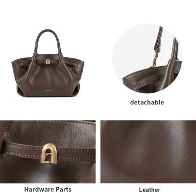 Luxurious brown leather handbag from Monalisa Store with detachable strap, gold hardware, and spacious interior, perfect for elegant everyday use.