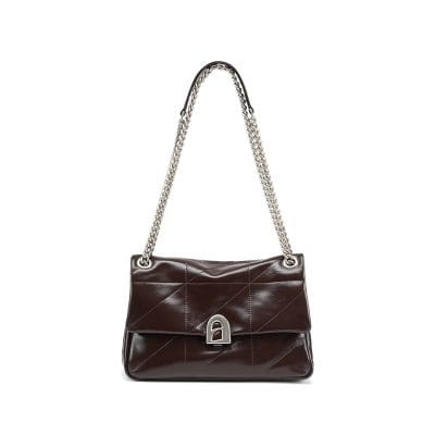 Luxurious brown leather handbag with chain strap and silver hardware, perfect for stylish women.